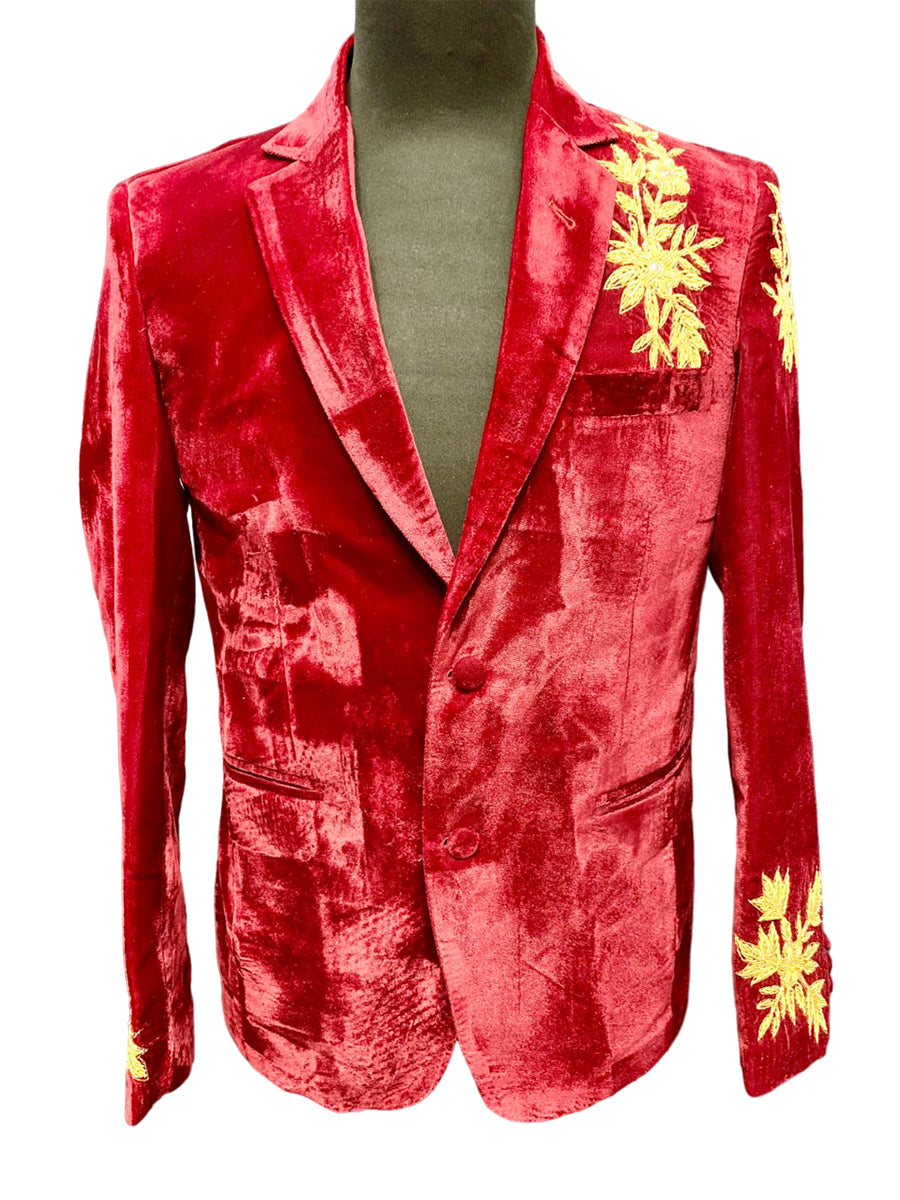 Velvet Kadai Blazer Maroon-Golden Work