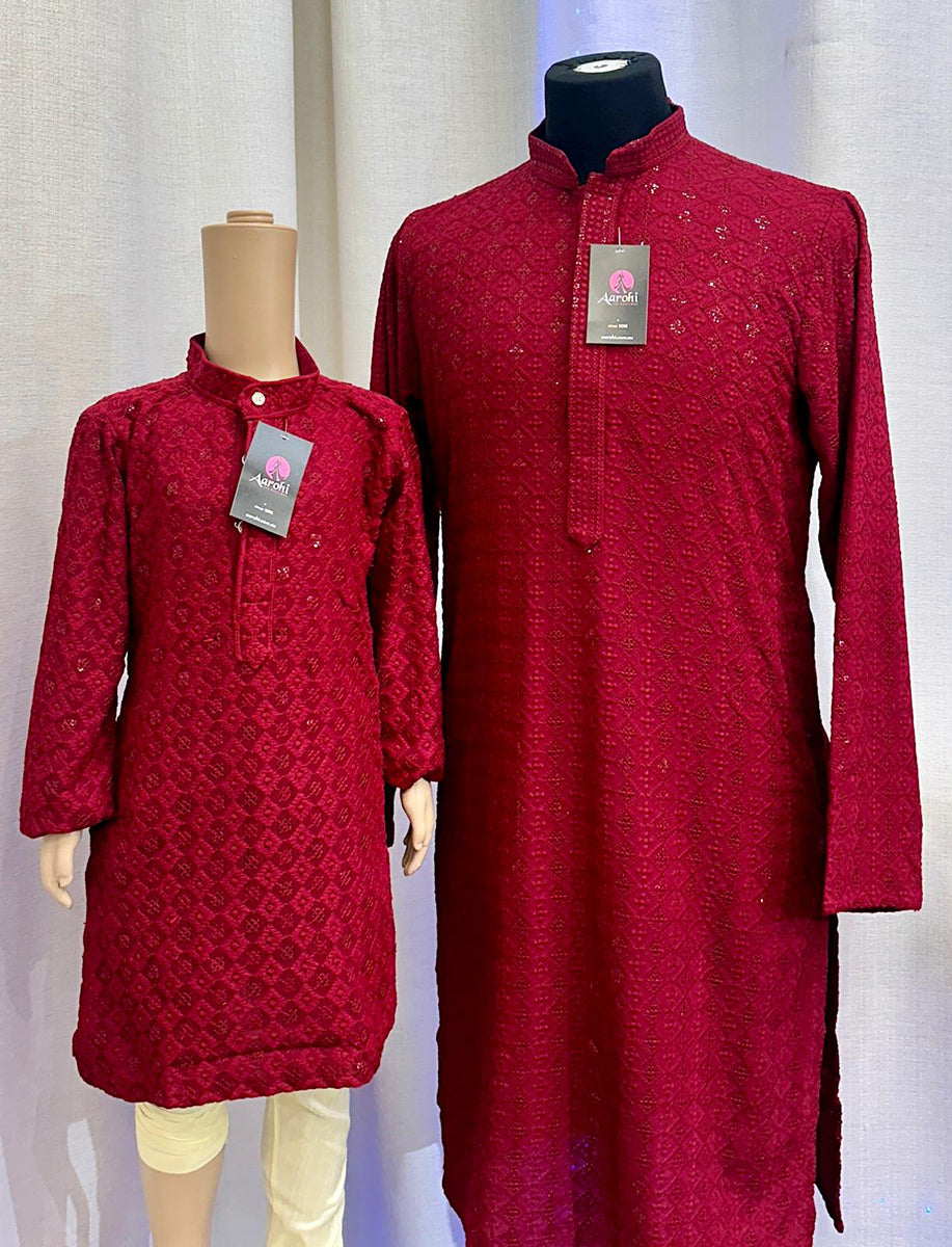 Boys Chikan Kari Kurta With Pyjama Maroon