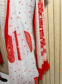 Premium Light Weight White Red Saree