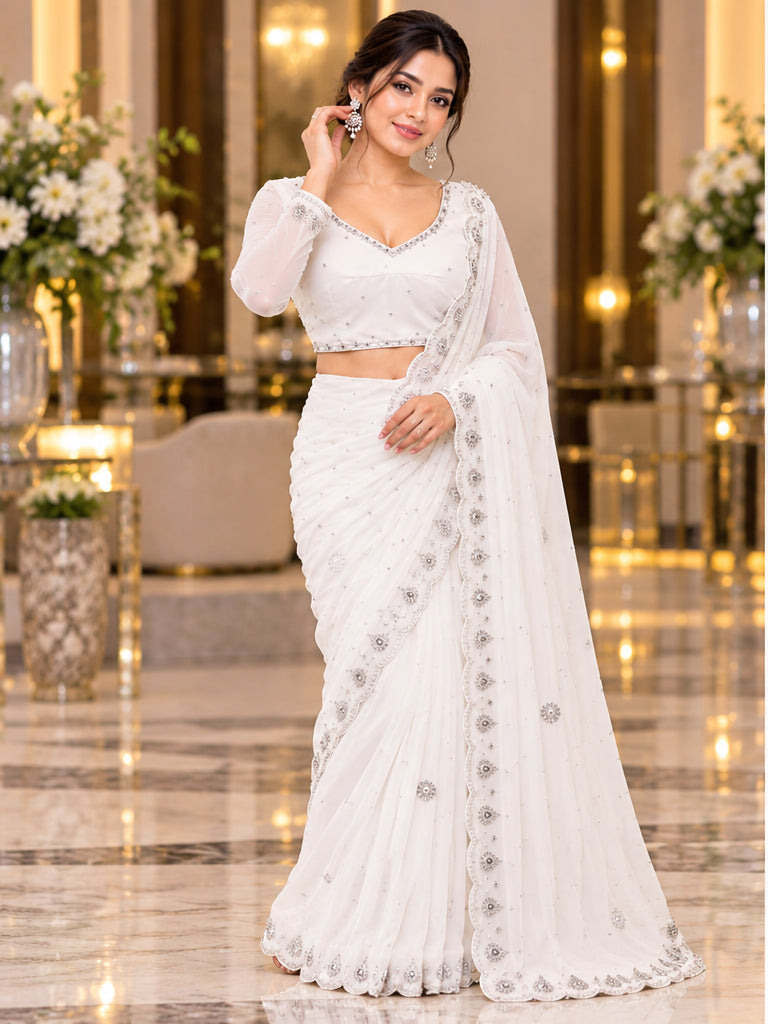Hand Work White Saree Set Gn-1